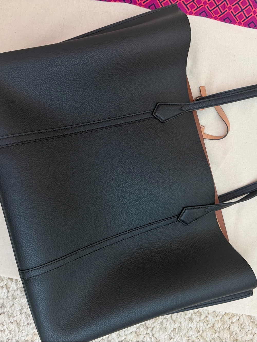 NWOT Tory Burch Black Leather Perry Tote with Tan Accents - Picture 2 of 6